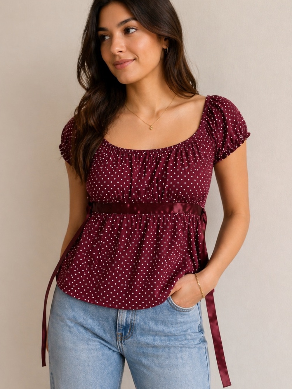 Hollister Burgundy Polka Dot Smocked Top